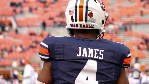 DJ James in warmups vs Arkansas.